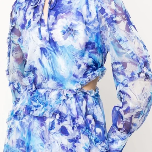 Marchesa Notte I NWT I Blue Midi Long-Sleeve Watercolor Floral Dress - Picture 2 of 6